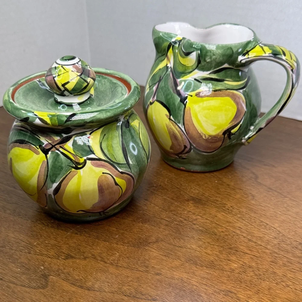 Duluth Pottery Thrown Hand Painted Pear Theme Creamer & Sugar Bowl w/ Lid Set